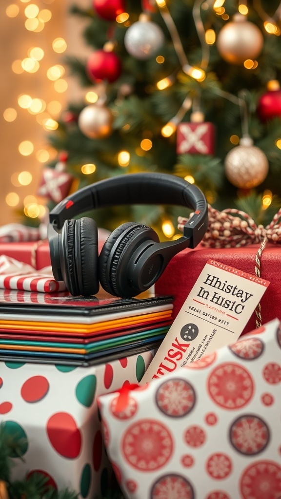 A collection of music-themed Christmas gifts including headphones, vinyl records, and concert tickets with a festive backdrop.